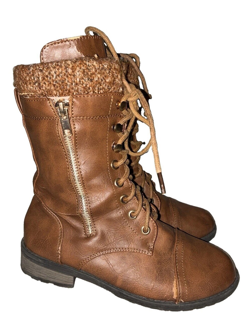 Forever Women’s Brown Faux Leather Mid-Calf Combat Boots Lace-Up Side Zip 6